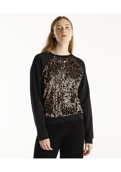 Yargıcı Payetli Bisiklet Yaka Reglan Kol Sweatshirt Siyah
