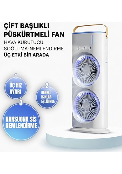 Su Püskürtmeli Şarjlı İki Pervaneli Serinletici Sogutucu Döner Kumandalı Masa Kamp Ofis Ev Fanı