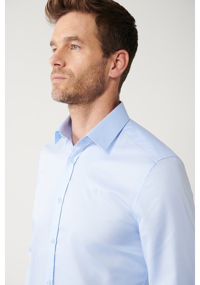Avva Erkek Mavi Gömlek Klasik Yaka %100 Pamuk Saten Slim Fit Dar Kesim  B002006 Mavi