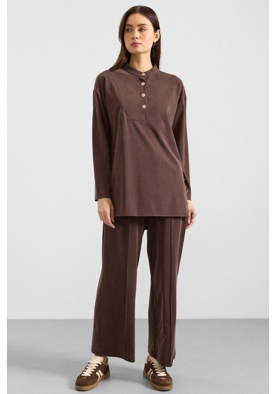 Olcay Metal Düğmeli Premium Kumaş Sweat Pantolon Takım Kahve 9405-tk