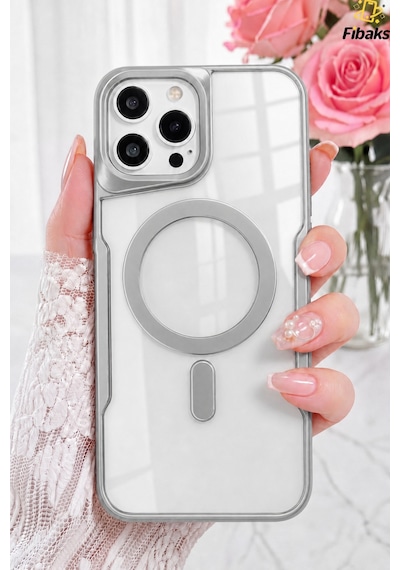 Fibaks iPhone 14 Pro Max Uyumlu Kılıf Prizma Kamera Çıkıntılı Magsafe Şarj Destekli Mat Renkli Şeffaf Kapak Gümüş
