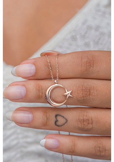 925 Ayar Gümüş Rose Sade Taşsız Ayyıldız Kolye Rose Gold