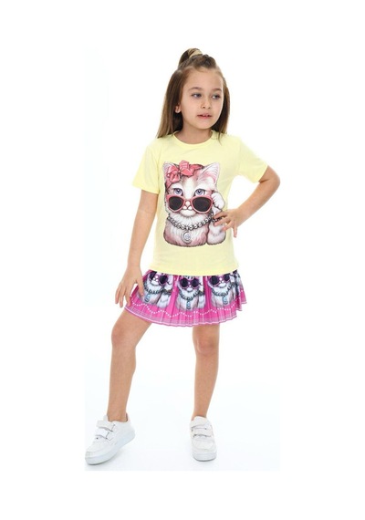 My Kids Wear Sevimli Kedi Etek Tişört Kahverengi - Beyaz