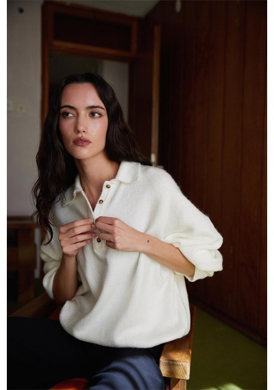 Suud Collection Ekru Rani Polo Yaka Oversize Kazak