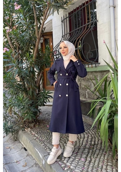 Kadın Kruvaze Polar Kaşe Kaban / M0108 - Lacivert Lacivert
