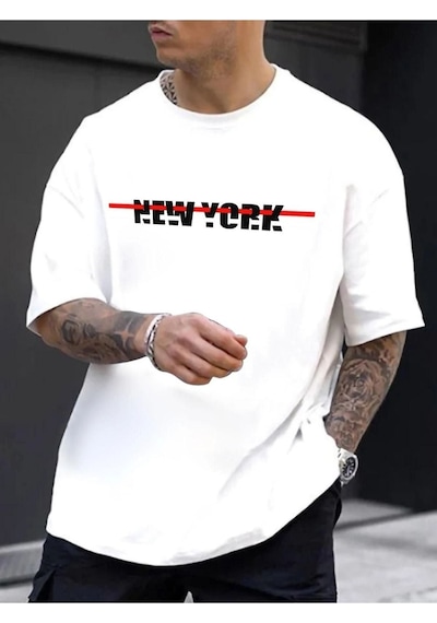 Altamira Unisex Beyaz New York Baskılı Oversize Tshirt 001