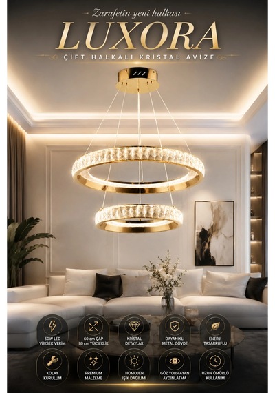 Modern Premium Gold Ledli Avize 2 Halkalı Sarkıt Avize Salon Yemek Odası Avizesi 50w