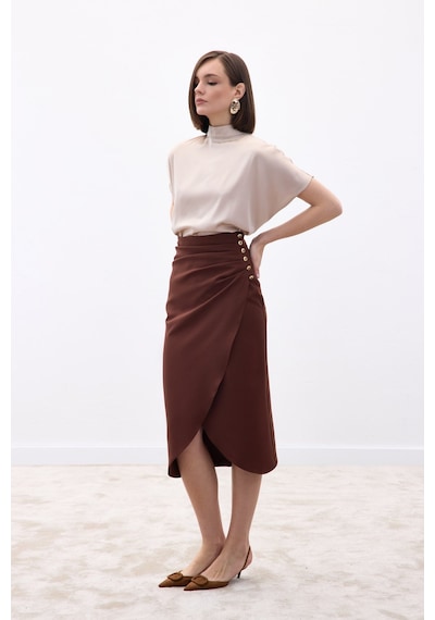 Sateen Düğme Detaylı Kalem Etek - Kahve-136775 Kahve
