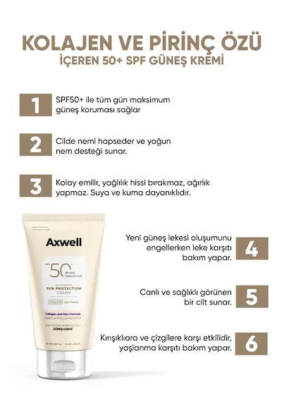 Axwell Spf50+ Pirinç & Kolajen İçerikli Güneş Kremi 50 Ml