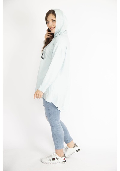 Şans Kadın Bebe Mavisi Büyük Beden Payet Detaylı Kapşonlu Arkası Uzun Sweatshirt-bebe Mavisi Bebek Mavisi