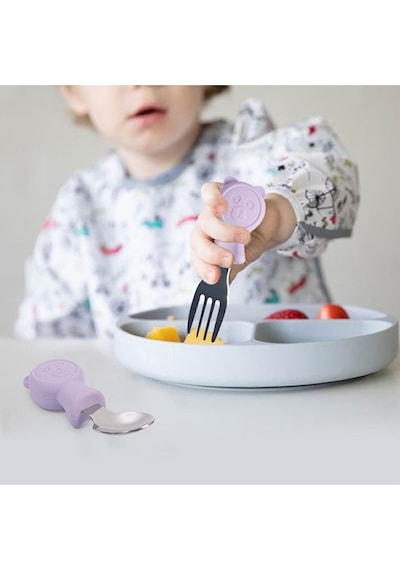 Jojobebek Kaşık Çatal Seti, Ergonomik Kısa Saplı Silikon, Paslanmaz Çelik Uçlu, Saklama Kutulu, (9-24 Ay) (SARI)