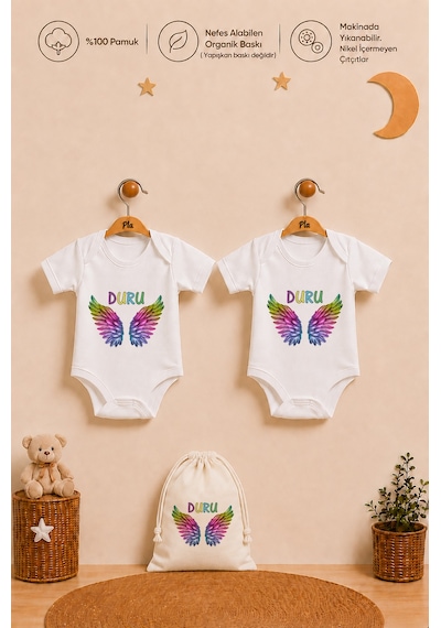 Pia Baby Kız Bebek İsme Özel Hediye Seti 2'li %100 Pamuk Organik Baskılı Body Zıbın Ve Ham Bez Kıyafet Kesesi 2051b2k0x Ekru