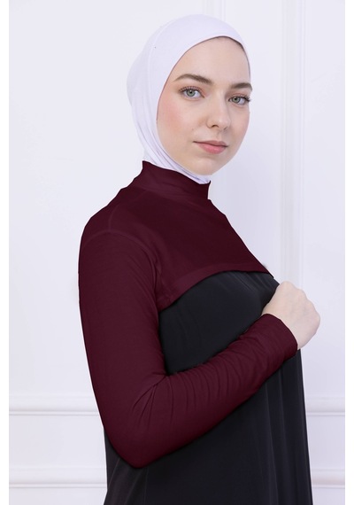 Loggia Balıkçı Yaka Boyunluklu Kolluk Bordo - Likralı Dik Yakalı Kadın Body Tesettür Crop Bolero Bordo
