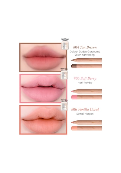 Kremsi e Sahip Dudak Kalemi Ve Kalemtıraş Seti Clıo Velvet Lip Pencil Set 05 Soft Berry 05