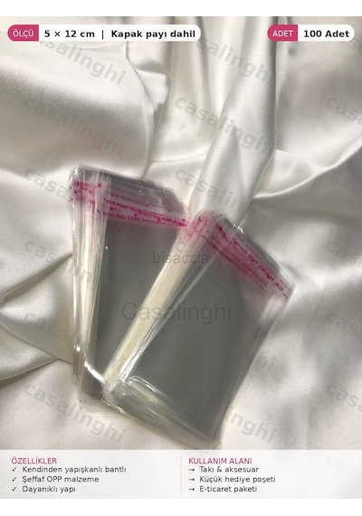 Şeffaf Jelatin Poşet 100 Adet 5x12 Cm Kendinden Yapışkanlı Bantlı Opp Torba Kapak Payı Dahil Ambalaj Casaling