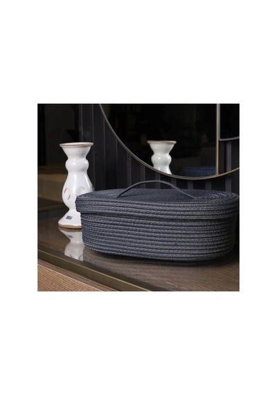 Hasır Jüt Sepet Oval Kapaklı Organizer Düzenleyici 30x20x10 Cm Açık Siyah Açık Siyah