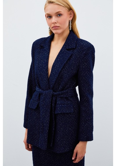 Sateen Kuşaklı Tüvit Ceket - Lacivert-135019 Lacivert