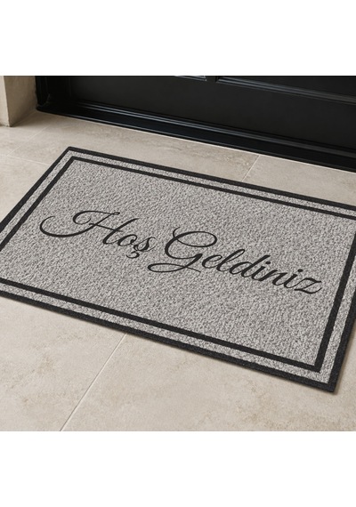Kartela Halı Hoş Geldiniz Yazılı Çift Çerçeveli Kapı Paspası Antrasit Kaymaz Kauçuk Taban 40x60 Cm