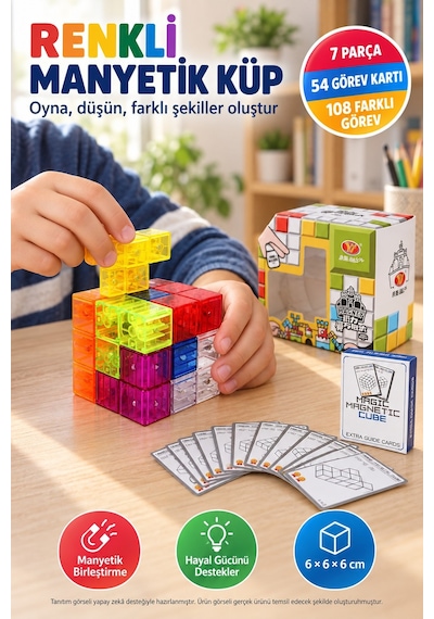 Manyetik Küp Blok 7 Parça Şeffaf Renkli Zeka Ve Stem Yapı Oyuncağı 54 Kartlı 6 X 6 X 6 Cm