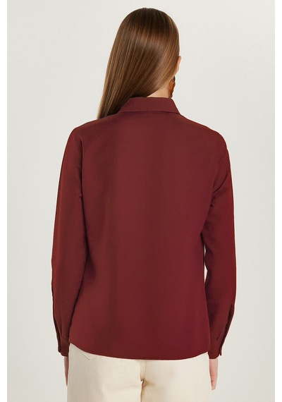 Tudors Kadın Slim Fit Dar Kesim Uzun Kollu Pamuklu Vücuda Oturan Dokulu Bordo Basic Gömlek-42050