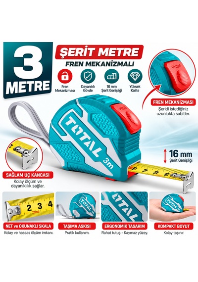 Orjinal Şerit Metre Stoplu Fren Mekanizmalı Patentli Premium Metre 3 Metre X 16 Mm Üst Kalite