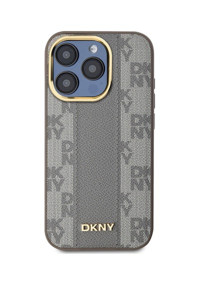 Apple Uyumlu iPhone 15 Pro Kılıf Dkny Lisanslı M-safe Şarj Özellikli 3d Yazılı Checkered Pattern Kapak Krem