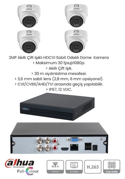 Dahua 2 Mp Full Hd 4 Kameralı Sesli Renkli Gece Görüşlü Full Hd Kamera Set Dome Set