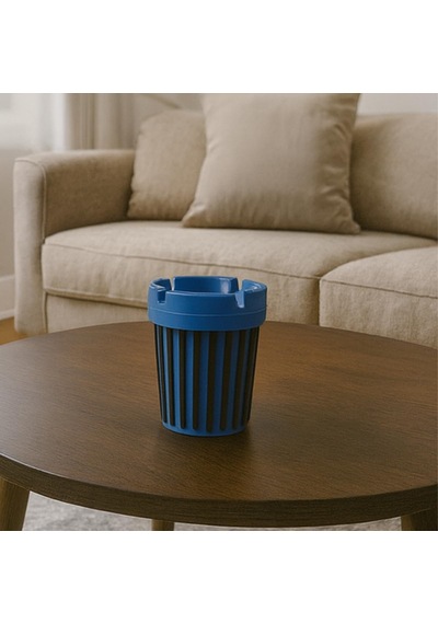 Mavi-bej-gri-sarı Çizgili Küllük Araç İçi, 12x9 Cm, Kapaklı, Koku Ve Duman Hapseden Tasarım Mavi