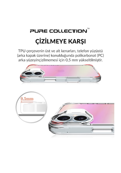 Bix iPhone Uyumlu 16 Plus Pure Rainbow Renk Geçişli Şeffaf Kılıf Çizilmeye Dayanıklı Darbe Emici Pembe