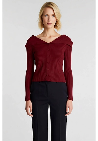 Benerly Kadın Devrik Yaka Fitilli Triko Hırka Uzun Kollu Crop Kesim Rahat Bordo