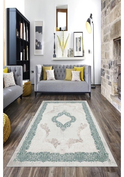 Pelangi Yeşil Çerçeve Osmanlı Motifler Yıkanabilir Kaymaz Taban Leke Tutmaz Modern Salon Halısı Ve Yolluk, Yeşil 80 X 200