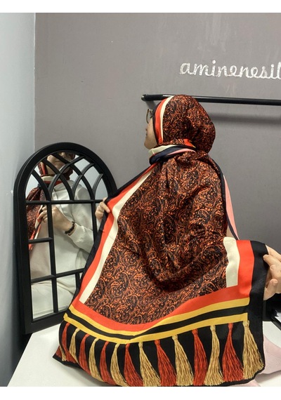 Aminenesil Cardion Premium Etnik Desen Şal Turuncu Siyah Renk Açık turuncu