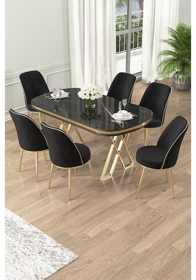 Canisa Lai Serisi 90x168 Lak Panel Sonata Gold Ayak Masa Takımı 6 Siyah Sandalye Sonata Masa Siyah Sandalye Ayaklar Gold Canisa Lai Serisi 90x168 Lak Panel Sonata Gold Ayak Masa Takımı 6 Siyah Sandalye Sonata Masa Siyah Sandalye Ayaklar Gold