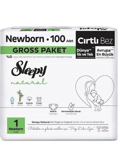 Sleepy Natural Bebek Bezi Gross Paket 1 Beden 2-5 Kg 100 Adet