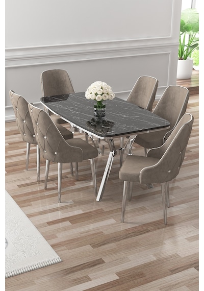 Canisa Asel Serisi 90x160 Lak Panel Siyah Mermer Desen Krom Detay Masa Takımı Ve 6 Cappucino Sandalye Siyah Mermer Masa Sandalye Cappucino Krom Detay Canisa Asel Serisi 90x160 Lak Panel Siyah Mermer Desen Krom Detay Masa Takımı Ve 6 Cappucino Sandalye Siyah Mermer Masa Sandalye Cappucino Krom Detay