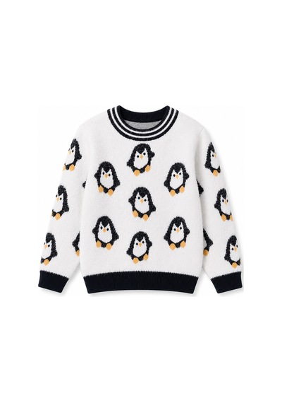 Penguen Desenli Kız Çocuk Kazak 23212 Ekru