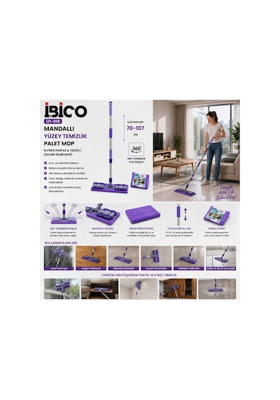 İbico İ21-018 Mandallı Palet Mop - Mikrofiber Yedekli, 70-107 Cm Metal Uzayan Sap, 360