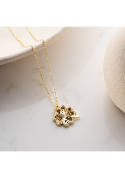 Vaoov 925 Ayar Gümüş Dokulu Ve Taşlı Yonca Kolye Gold