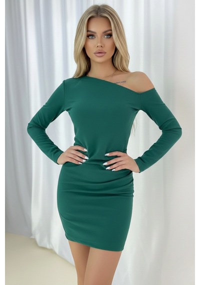 Defymoda Kadın Asimetrik Yaka Bodycon Elbise Yeşil