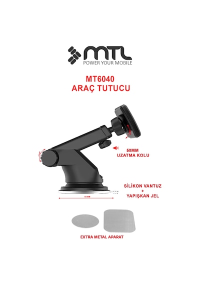 Güçlü Manyetik Teleskopik Kol Araç İçi Telefon Tutucu Çift Kilitli Ve Dayanıklı Vantuz 360 Mt6040