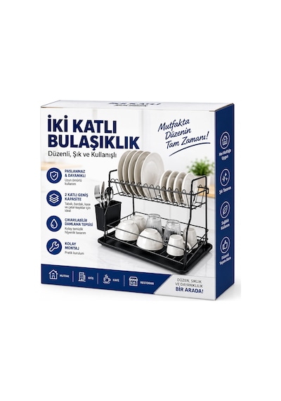 Siyah - Metal 2 Katlı Tabaklık - Bulaşıklık Bx40 Renkli