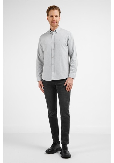 İmza Gri - Beyaz Düğmeli Yaka Uzun Kol Cepsiz Slim Fit Pamuklu Gömlek 1004255233 Gri - Beyaz