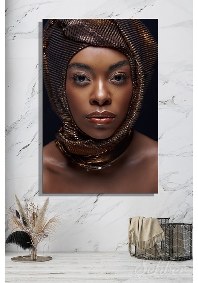 Dikey Kanvas Tablo Tekli Kuaför Güzellik Salonu Makyaj Başı Sarılı Şık Afro-amerikalı Model 2839