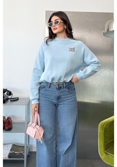 Jee Lee Kadın Bisiklet Yaka Leopar Nakışlı Sweatshirt Mavi - 27k 2712