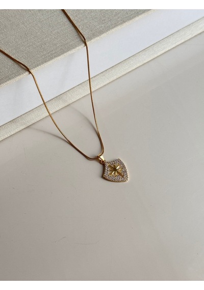 Zirkon Taşlı Plakada Kuzey Yıldızı Gold Çelik Kolye Altın