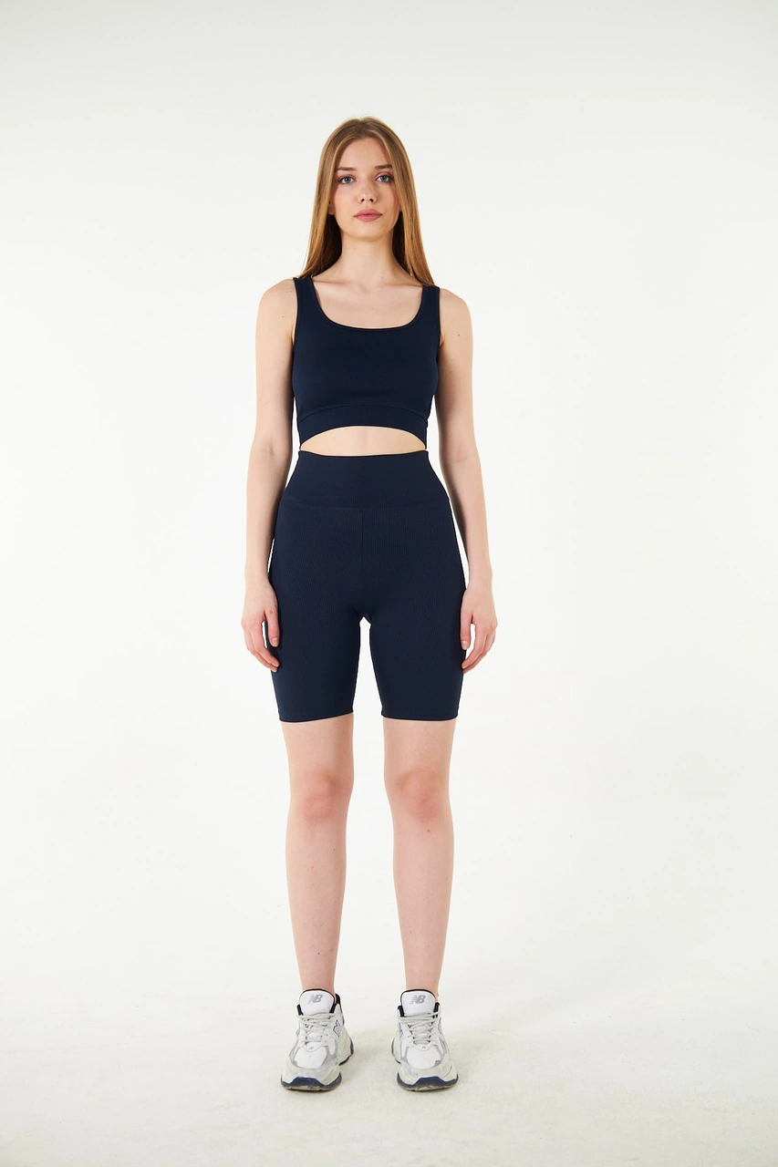 Thiff Gymwear Haki Yüksek Bel Toparlayıcı Kısa Şort Spor Fitilli Biker Tayt Lacivert