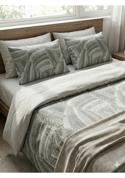 Maki Home %100 Pamuklu Palmiye Yaprakları Desenli 200x220+2 50x70 Çift Kişilik Nevresim Seti Çok Renkli