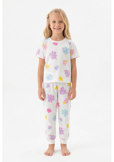 Bunny Hopp Renkli Çiçek Desenli Kısa Kollu Kız Çocuk Pijama Takımı - %100 Pamuklu Beyaz Takım
