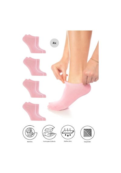 Saysez Bambu Kadın Sneaker Pembe Çorap Dikişsiz Görünmez Bilekte Spor Çorap Premium 4'lü Paket Renkli