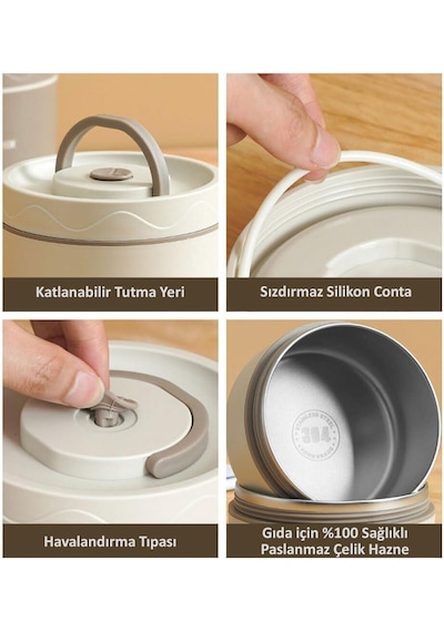 Valkyrie 3 Gözlü Paslanmaz Çelik Isı Yalıtımlı Yemek Kabı Seti Çantalı 304 Steel 2 X 420ml + 550ml Krem
